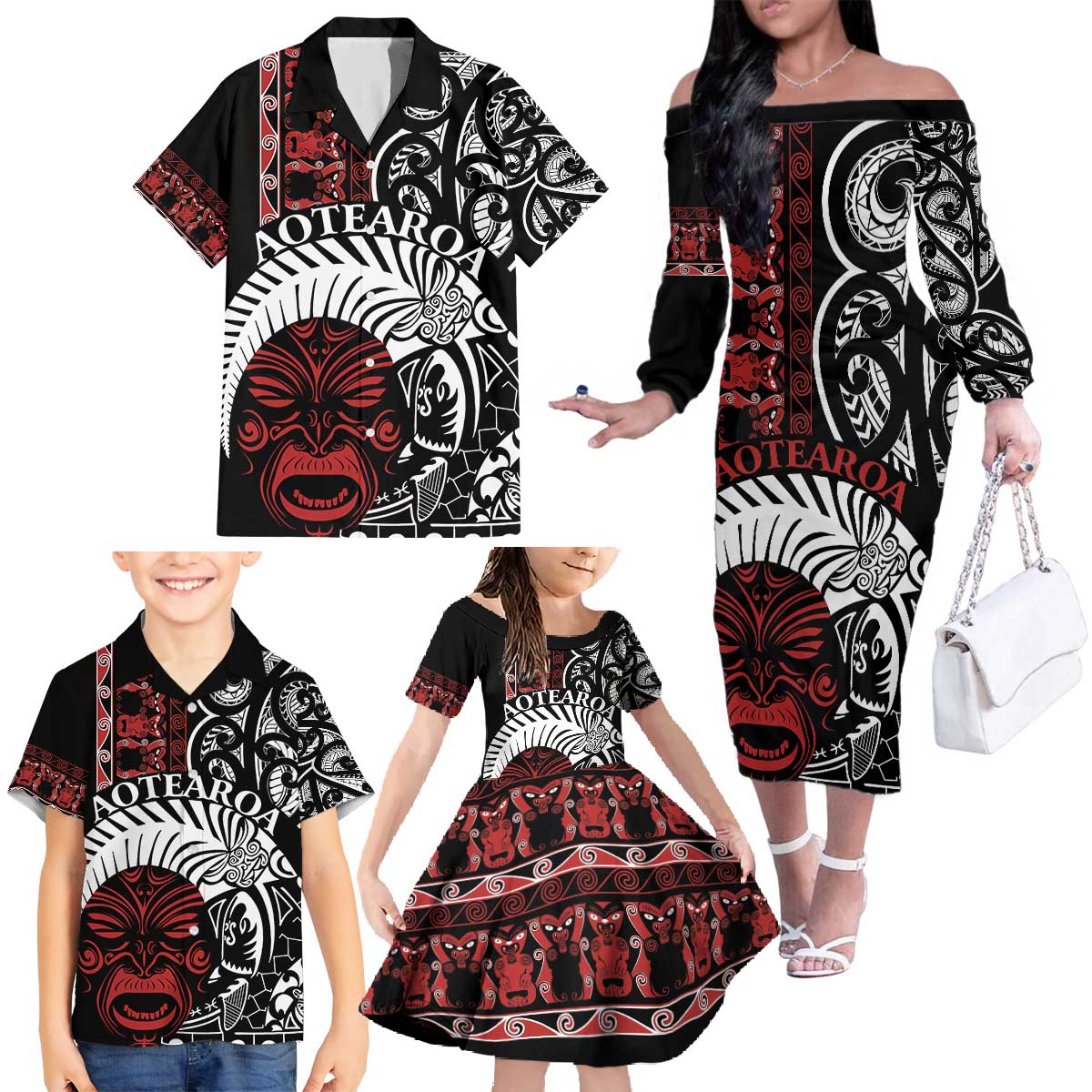 Honour The Treaty New Zealand Personalised Family Matching Off The Shoulder Long Sleeve Dress and Hawaiian Shirt Toitu Te Tiriti Indigenous Maori Face