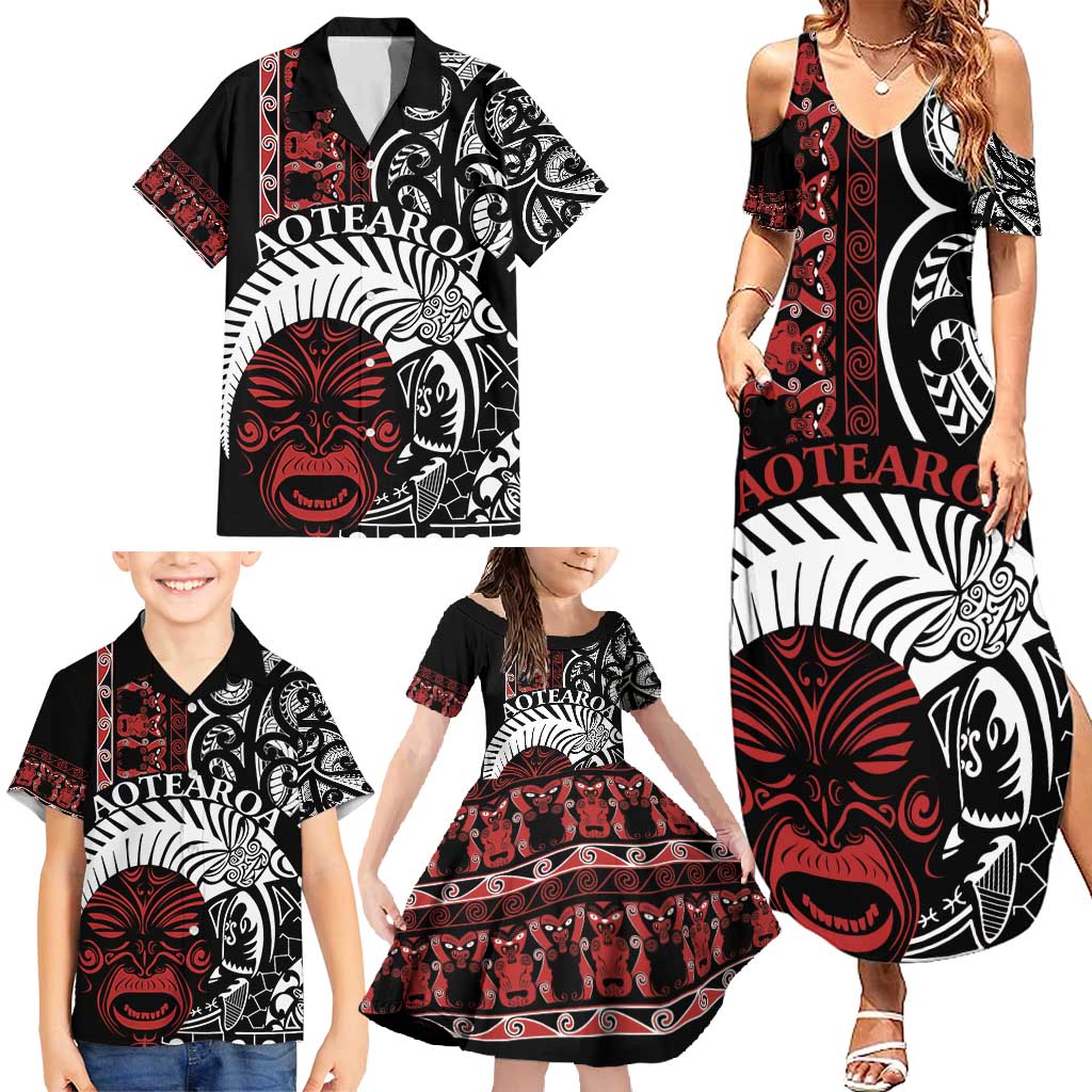 Honour The Treaty New Zealand Personalised Family Matching Summer Maxi Dress and Hawaiian Shirt Toitu Te Tiriti Indigenous Maori Face