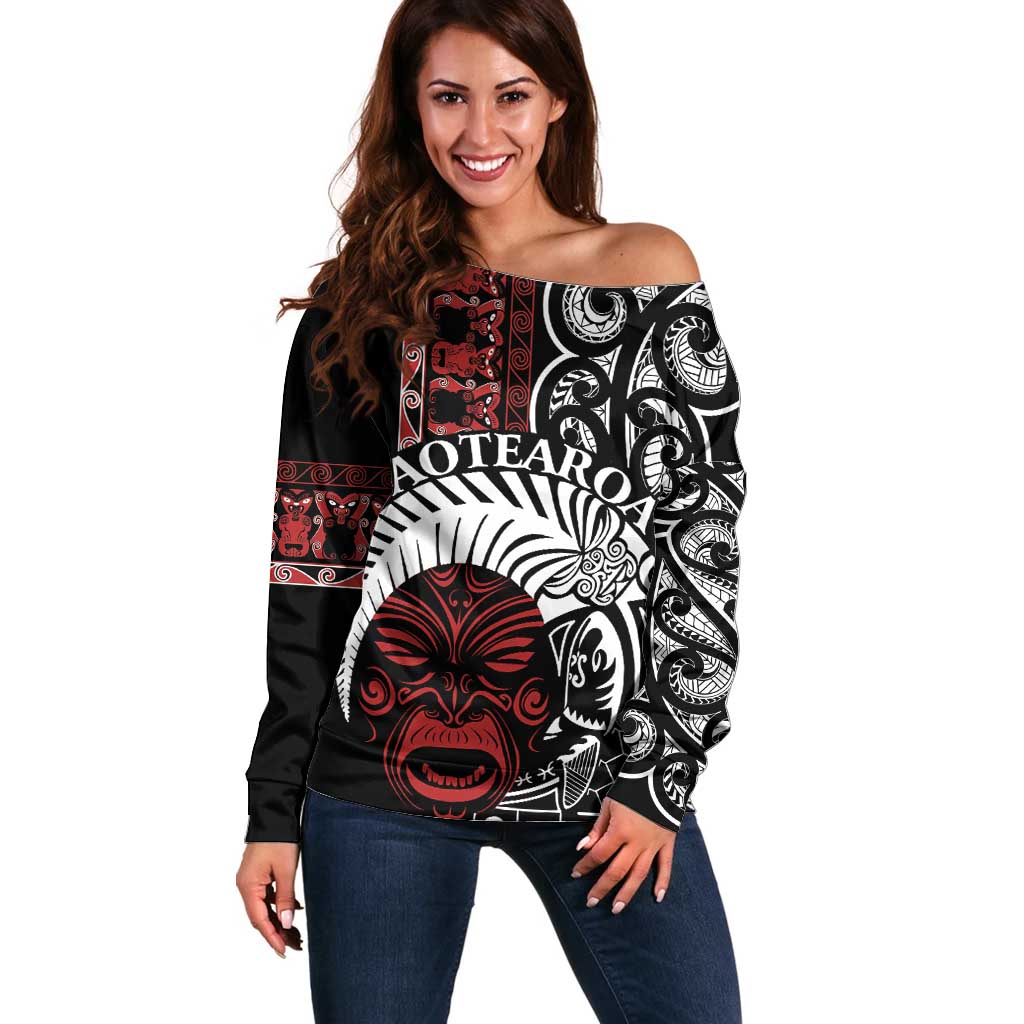 Honour The Treaty New Zealand Personalised Off Shoulder Sweater Toitu Te Tiriti Indigenous Maori Face LT9 Women Black - Polynesian Pride