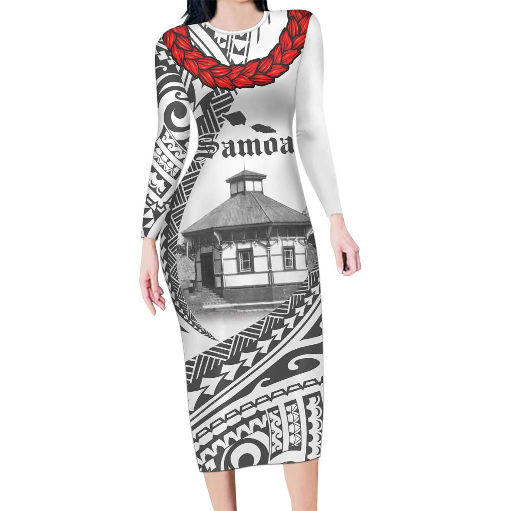 Samoa Mau Movement House Personalised Long Sleeve Bodycon Dress Fa'a Samoa The Samoan Way LT9 Long Dress White - Polynesian Pride