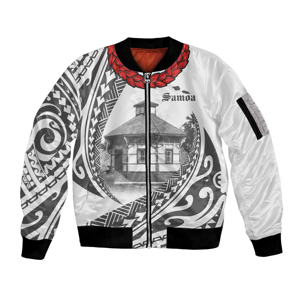 Samoa Mau Movement House Personalised Sleeve Zip Bomber Jacket Fa'a Samoa The Samoan Way LT9 Unisex White - Polynesian Pride