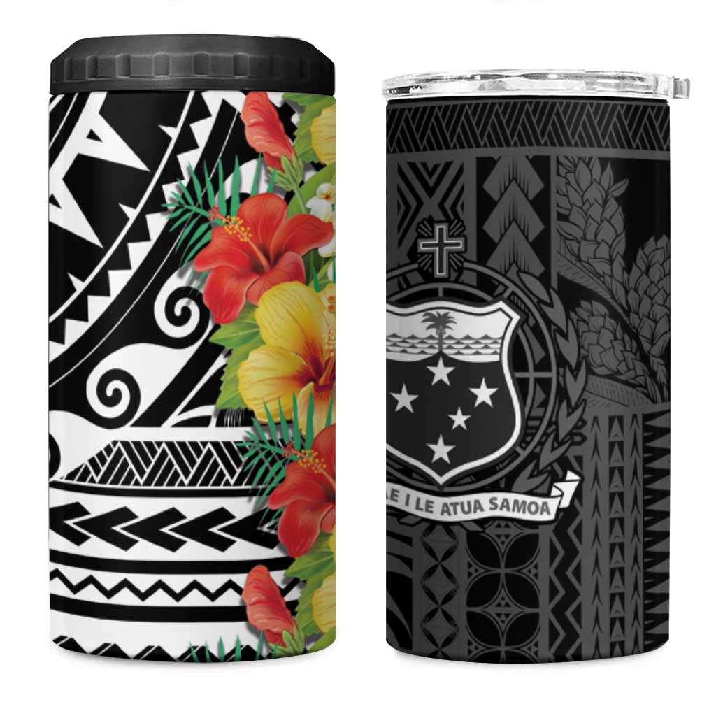 Samoa Tribal Hibiscus Flowers 4 in 1 Can Cooler Tumbler LT9 One Size: 16 oz Black - Polynesian Pride