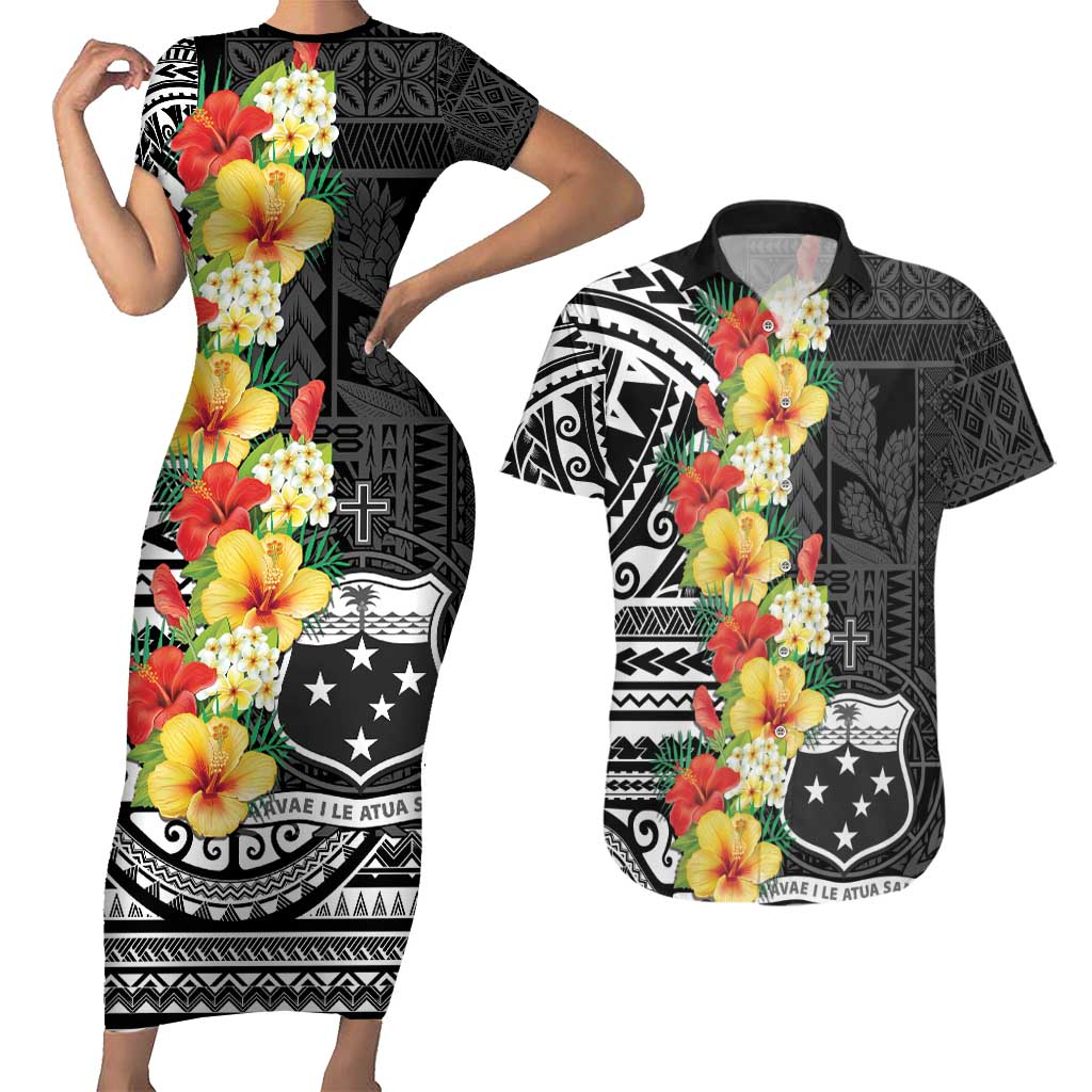 Samoa Tribal Hibiscus Flowers Couples Matching Short Sleeve Bodycon Dress and Hawaiian Shirt