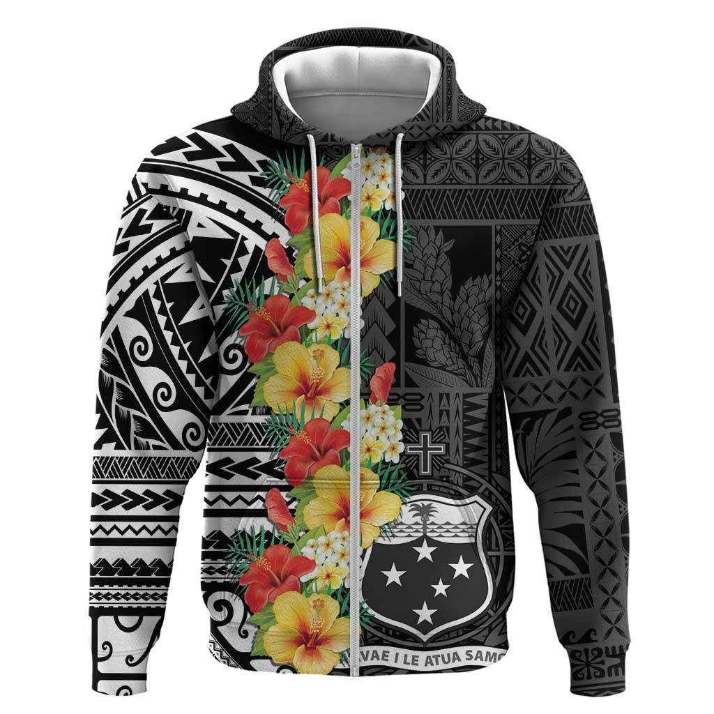 Samoa Tribal Hibiscus Flowers Hoodie LT9 Zip Hoodie Black - Polynesian Pride