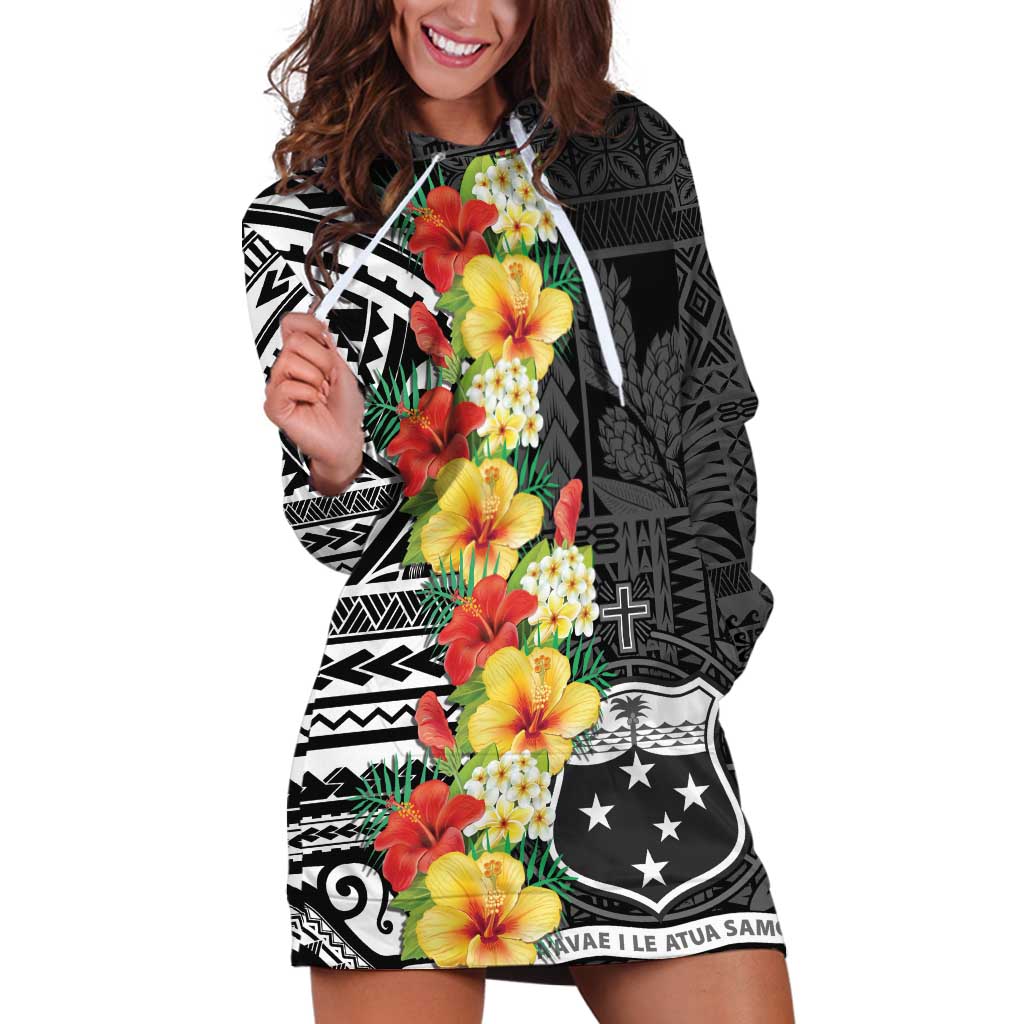 Samoa Tribal Hibiscus Flowers Hoodie Dress LT9 Black - Polynesian Pride