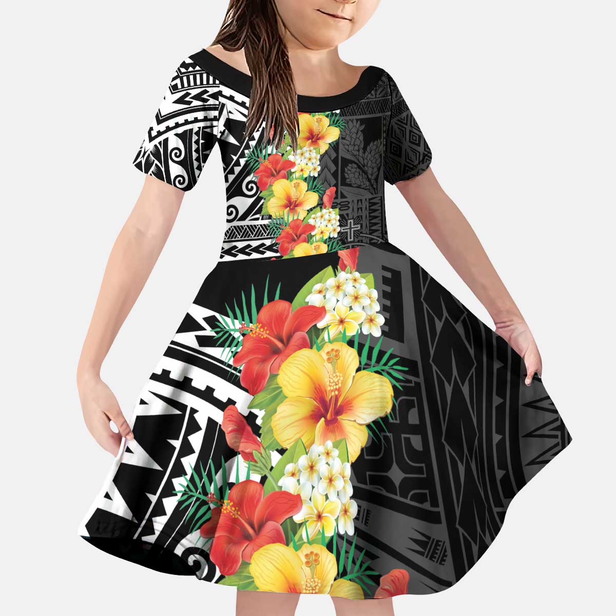 Samoa Tribal Hibiscus Flowers Kid Short Sleeve Dress LT9 KID Black - Polynesian Pride