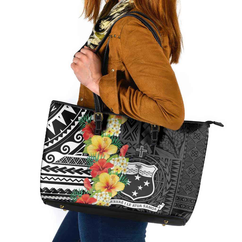Samoa Tribal Hibiscus Flowers Leather Tote Bag LT9 Black - Polynesian Pride