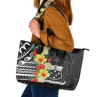Samoa Tribal Hibiscus Flowers Leather Tote Bag LT9 Black - Polynesian Pride