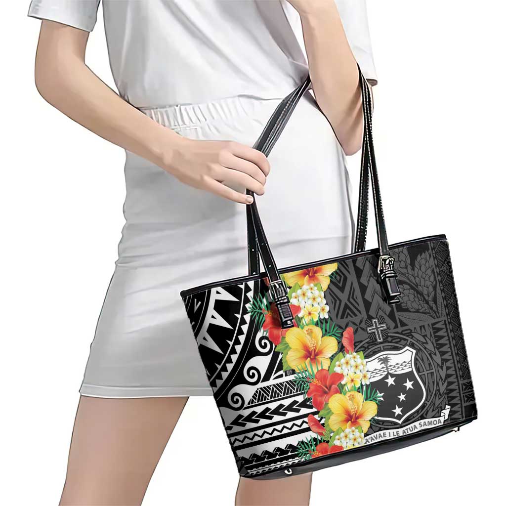 Samoa Tribal Hibiscus Flowers Leather Tote Bag LT9 - Polynesian Pride