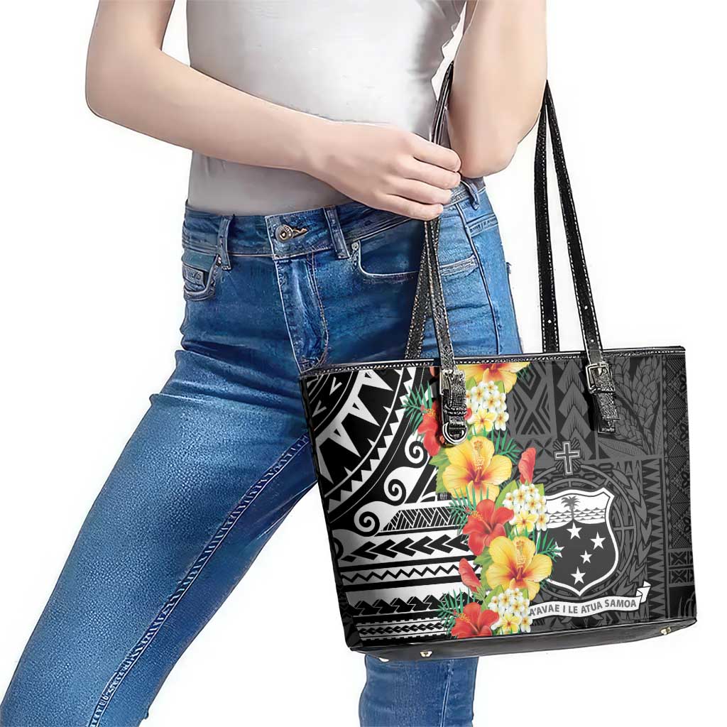 Samoa Tribal Hibiscus Flowers Leather Tote Bag LT9 - Polynesian Pride