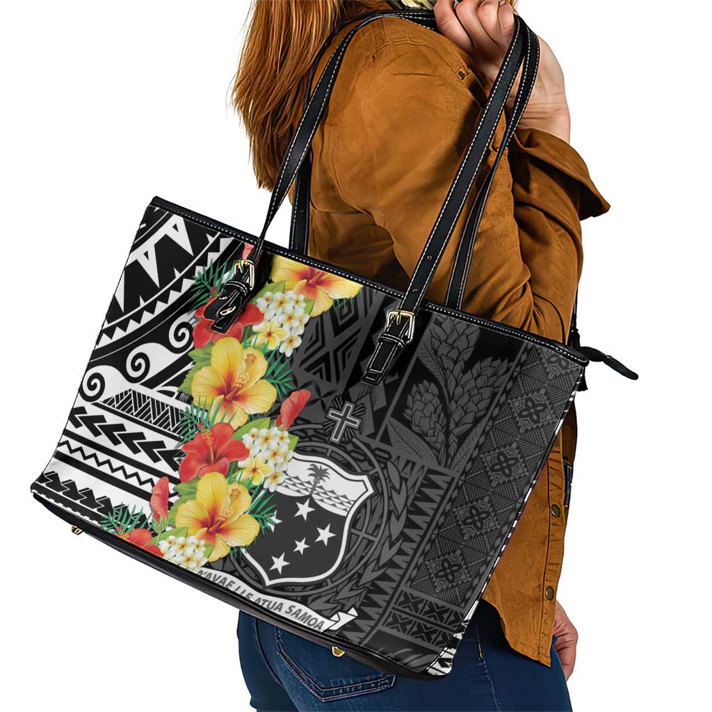 Samoa Tribal Hibiscus Flowers Leather Tote Bag LT9 - Polynesian Pride