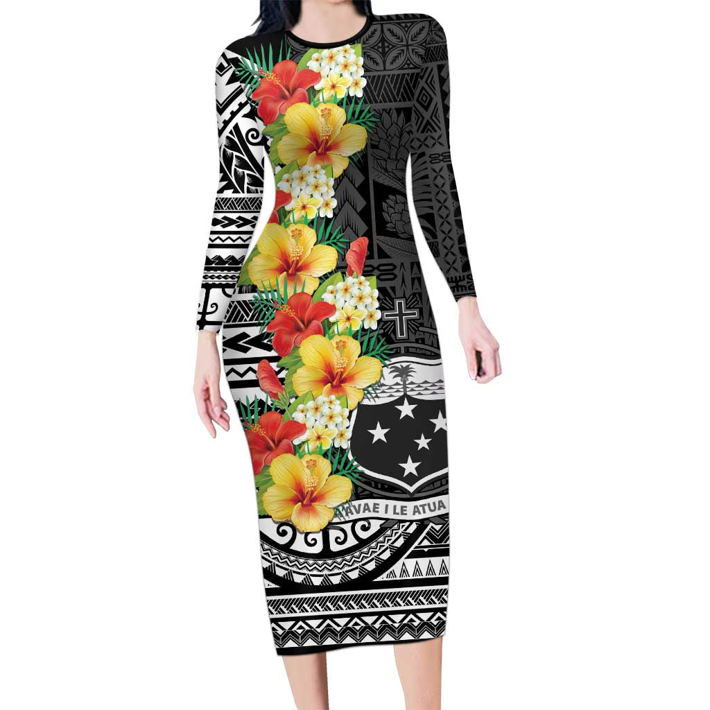 Samoa Tribal Hibiscus Flowers Long Sleeve Bodycon Dress LT9 Long Dress Black - Polynesian Pride