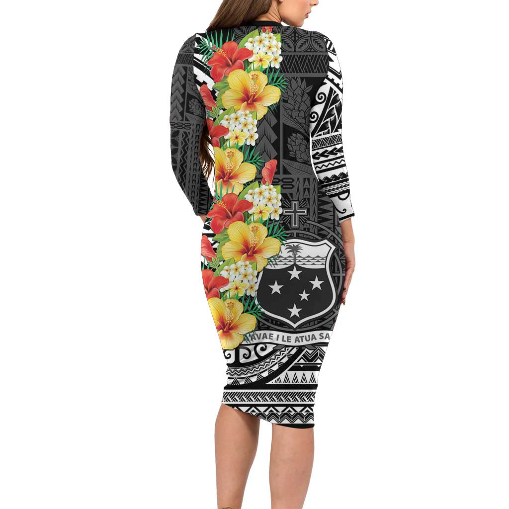 Samoa Tribal Hibiscus Flowers Long Sleeve Bodycon Dress LT9 - Polynesian Pride