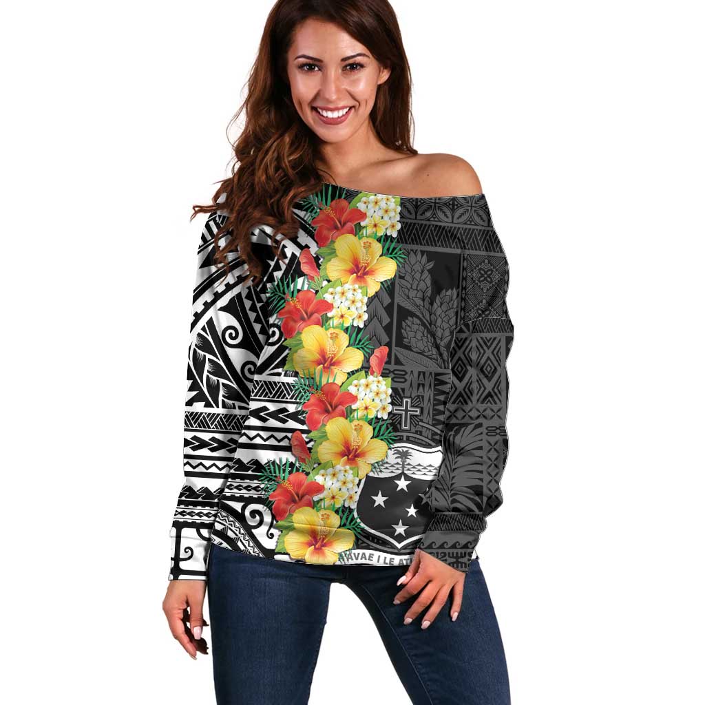Samoa Tribal Hibiscus Flowers Off Shoulder Sweater LT9 Women Black - Polynesian Pride