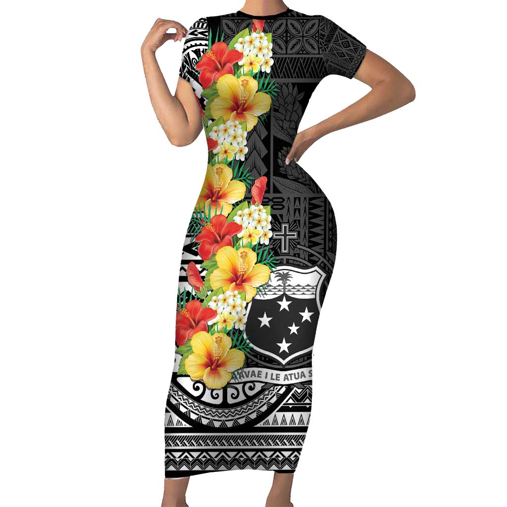 Samoa Tribal Hibiscus Flowers Short Sleeve Bodycon Dress