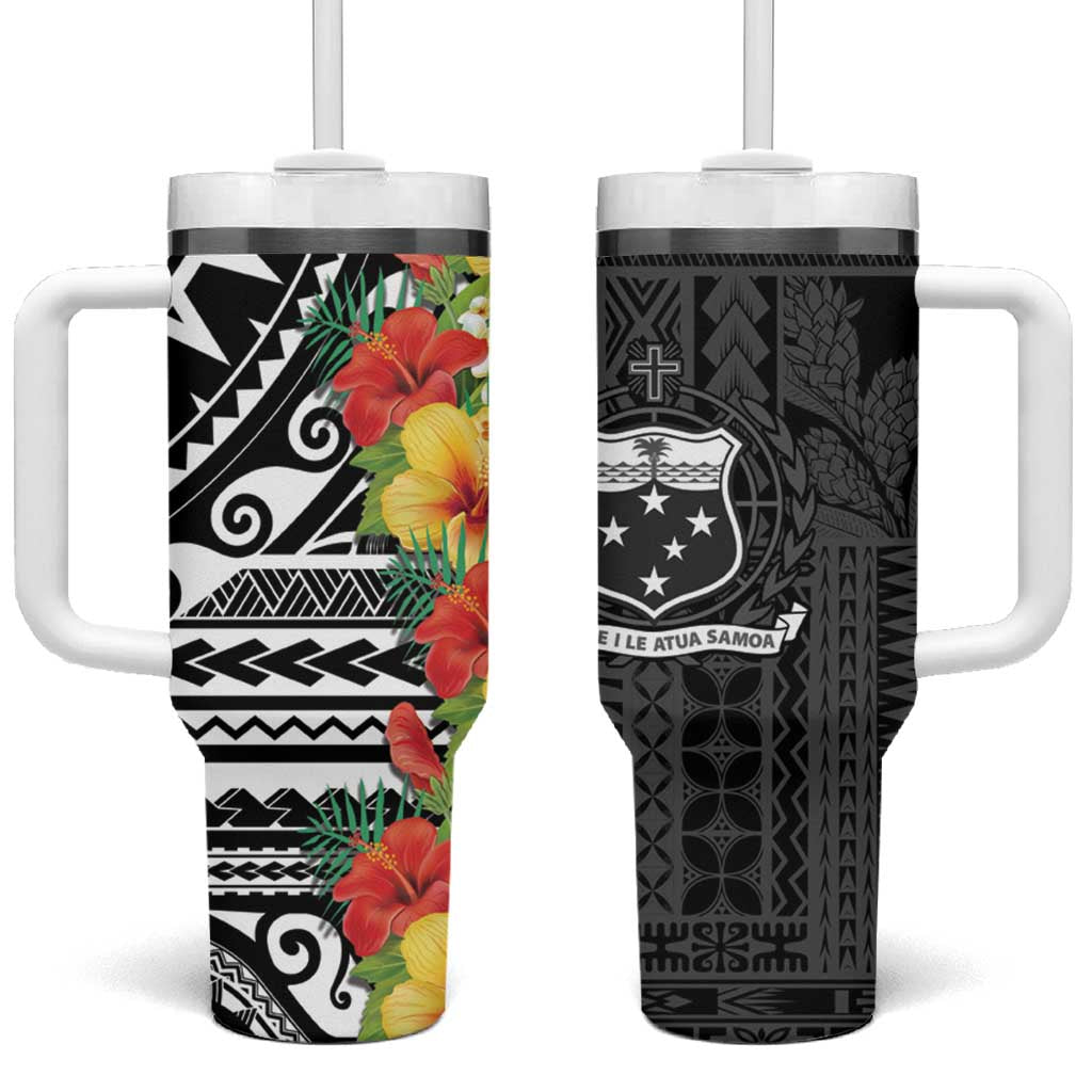Samoa Tribal Hibiscus Flowers Tumbler With Handle LT9 One Size: 40 oz Black - Polynesian Pride