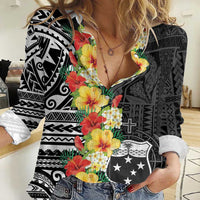 Samoa Tribal Hibiscus Flowers Women Casual Shirt LT9 Female Black - Polynesian Pride