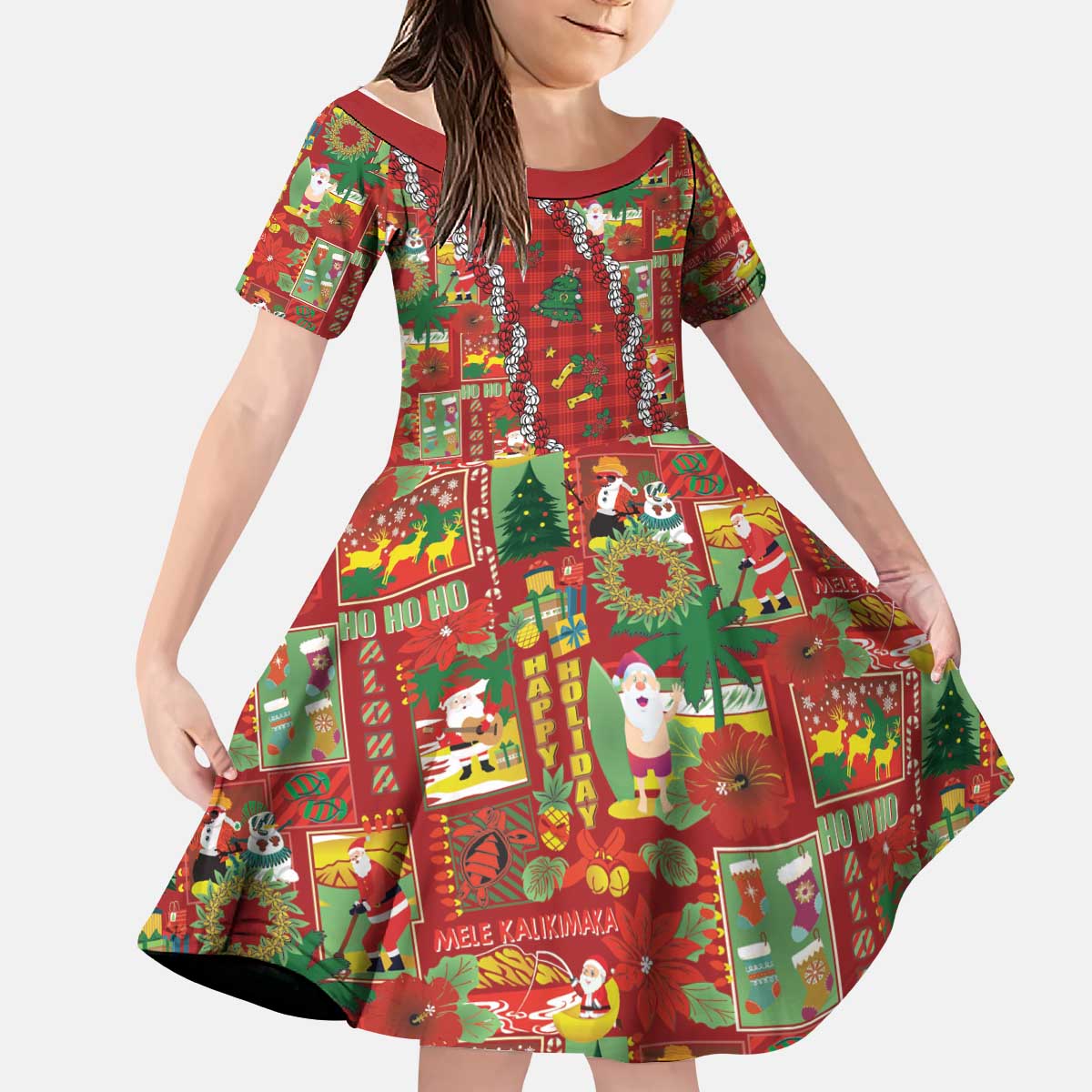 Mele Kalikimaka Pakalana Pikake Lei Kid Short Sleeve Dress Hawaiian Rodeo Paniolo Omaomao Palaka LT9 KID Green - Polynesian Pride