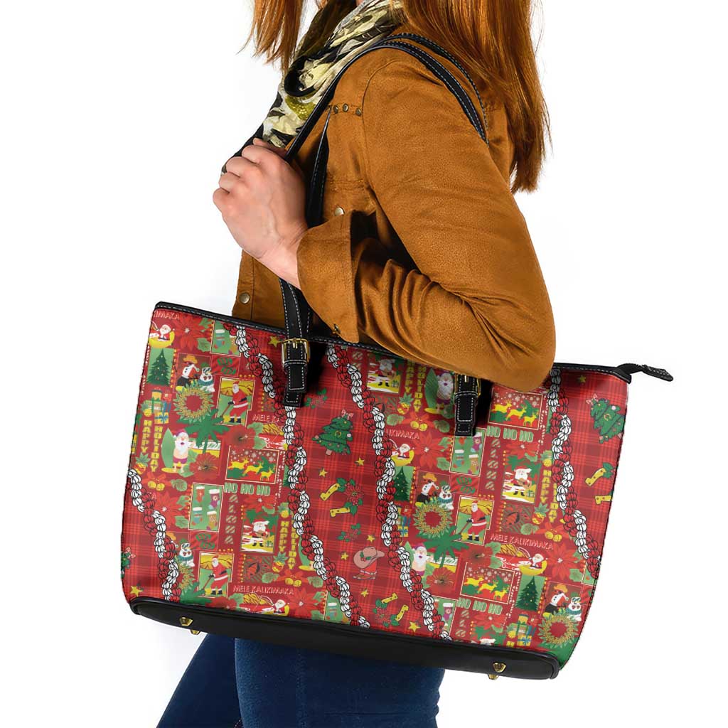 Mele Kalikimaka Pakalana Pikake Lei Leather Tote Bag Hawaiian Rodeo Paniolo Omaomao Palaka LT9 Green - Polynesian Pride