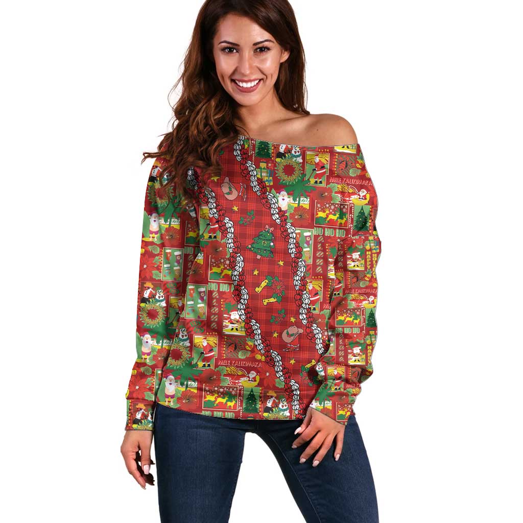 Mele Kalikimaka Pakalana Pikake Lei Off Shoulder Sweater Hawaiian Rodeo Paniolo Omaomao Palaka LT9 Women Green - Polynesian Pride