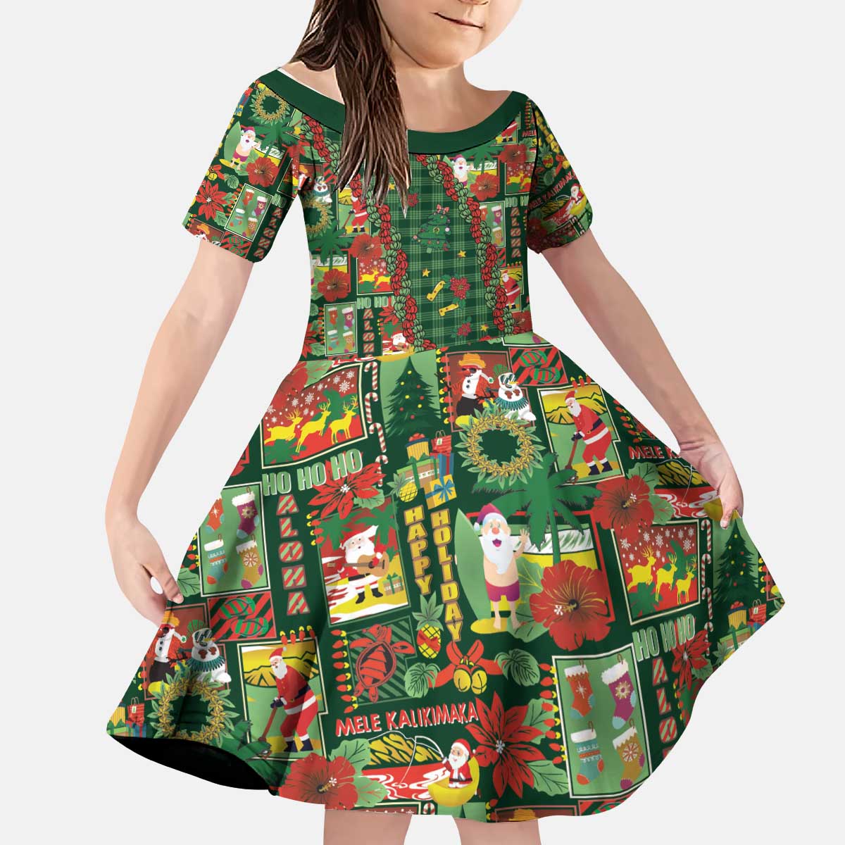 Mele Kalikimaka Pakalana Pikake Lei Kid Short Sleeve Dress Hawaiian Rodeo Paniolo Ulaula Palaka LT9 KID Red - Polynesian Pride