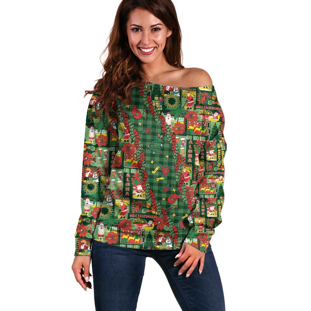 Mele Kalikimaka Pakalana Pikake Lei Off Shoulder Sweater Hawaiian Rodeo Paniolo Ulaula Palaka LT9 Women Red - Polynesian Pride