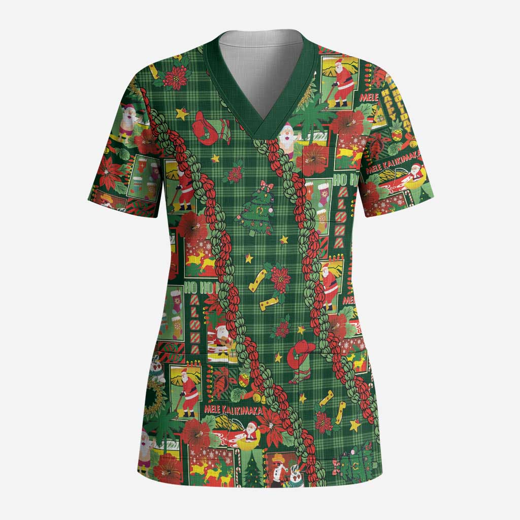 Mele Kalikimaka Pakalana Pikake Lei Scrub Top Hawaiian Rodeo Paniolo Ulaula Palaka LT9 Adult Red - Polynesian Pride