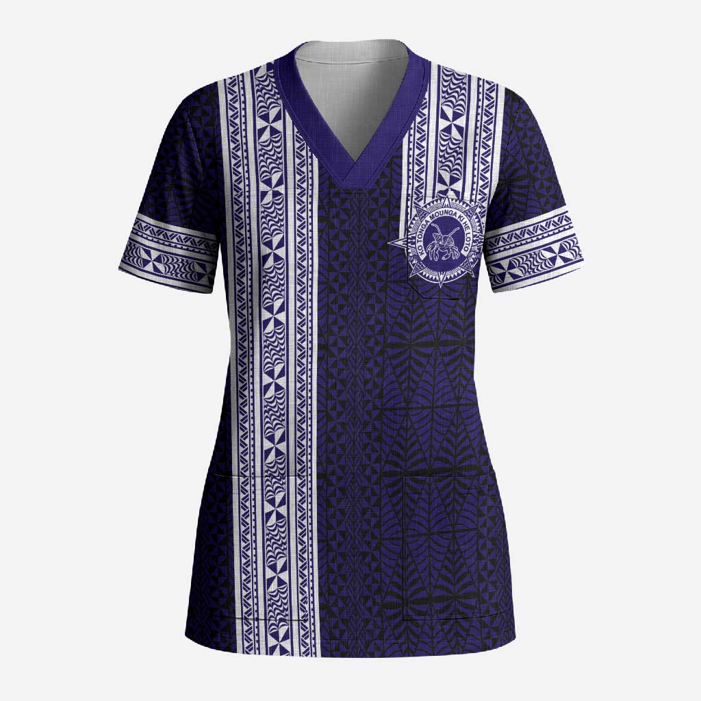 Tonga Queen Salote College 100 years Scrub Top QSC 1926-2026 Tongan Pattern LT9 Adult Blue - Polynesian Pride