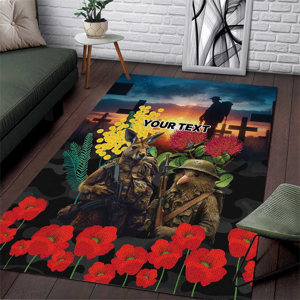 Kangaroo-Kiwi Soldier ANZAC Personalised Area Rug Golden Wattle and Pohutukawa Flowers LT9 Black - Polynesian Pride