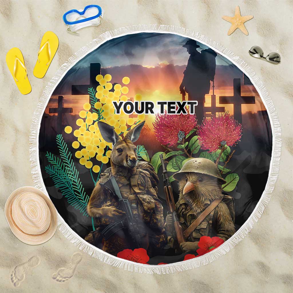 Kangaroo-Kiwi Soldier ANZAC Personalised Beach Blanket Golden Wattle and Pohutukawa Flowers LT9 One Size 150cm Black - Polynesian Pride