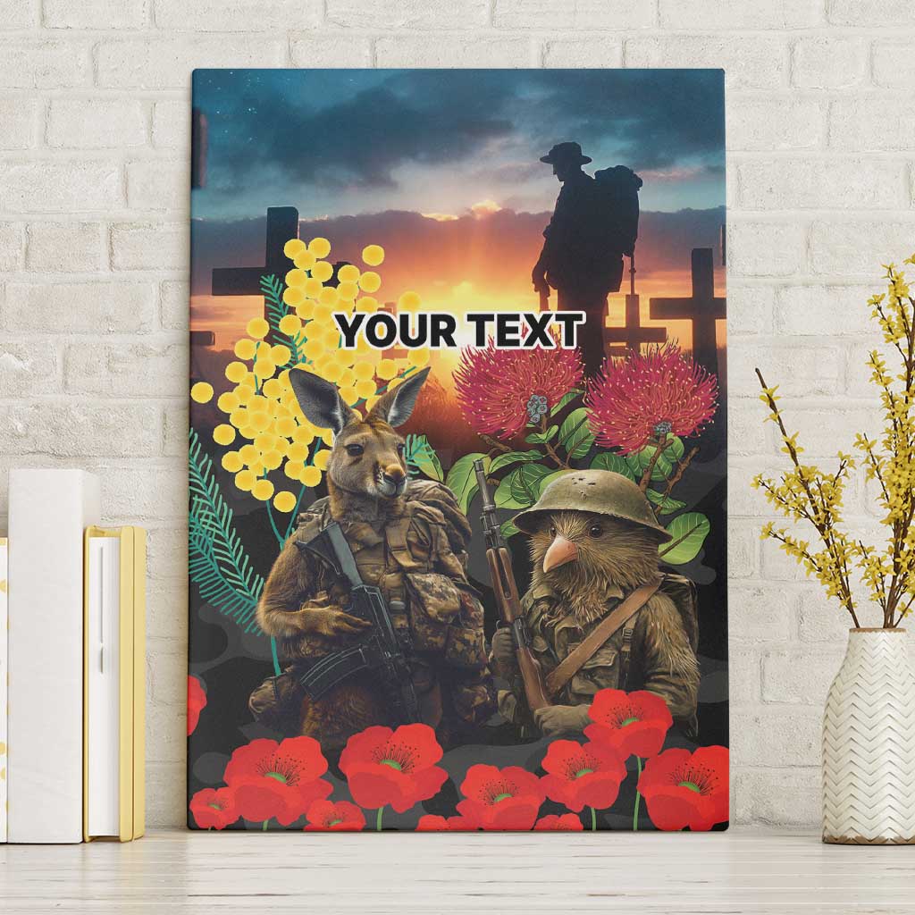 Kangaroo-Kiwi Soldier ANZAC Personalised Canvas Wall Art Golden Wattle and Pohutukawa Flowers LT9 Without Frame Black - Polynesian Pride