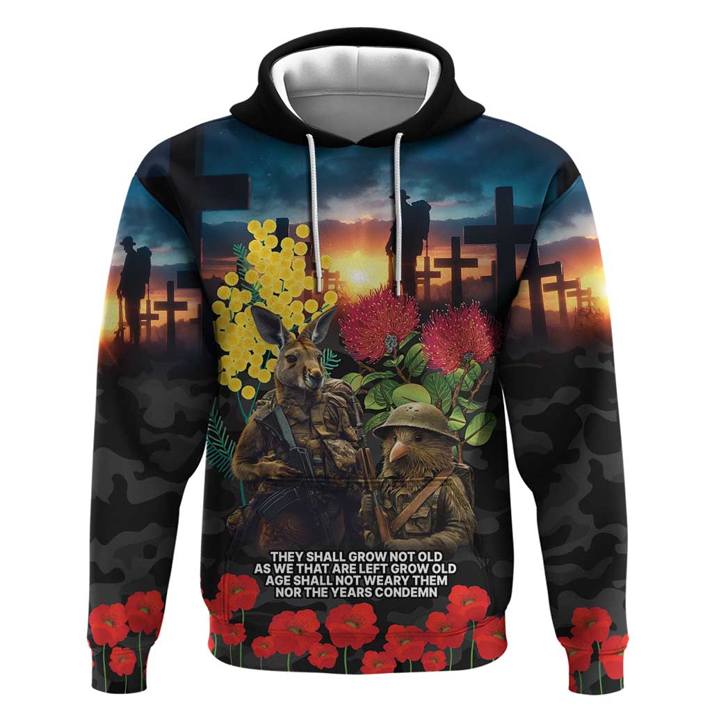 Kangaroo-Kiwi Soldier ANZAC Personalised Hoodie Golden Wattle and Pohutukawa Flowers LT9 Pullover Hoodie Black - Polynesian Pride