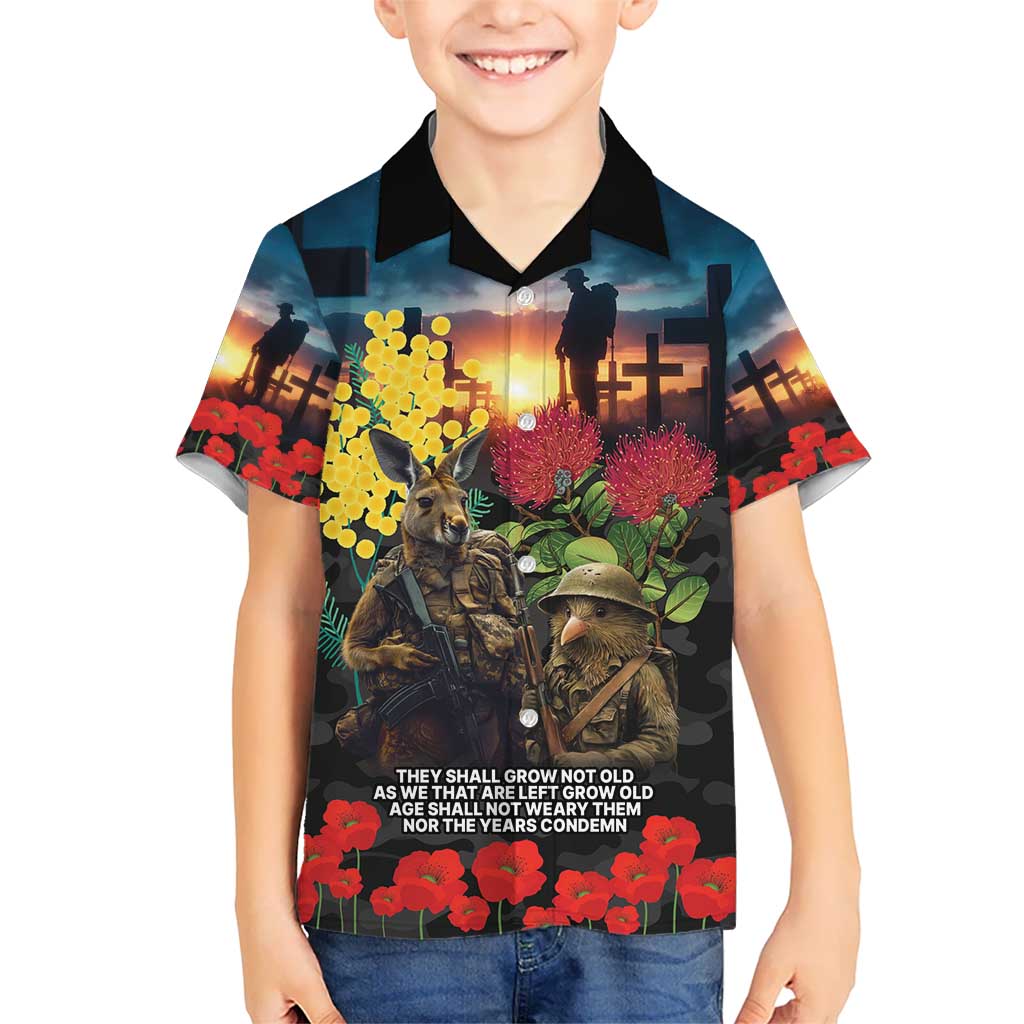 Kangaroo-Kiwi Soldier ANZAC Personalised Kid Hawaiian Shirt Golden Wattle and Pohutukawa Flowers LT9 Kid Black - Polynesian Pride