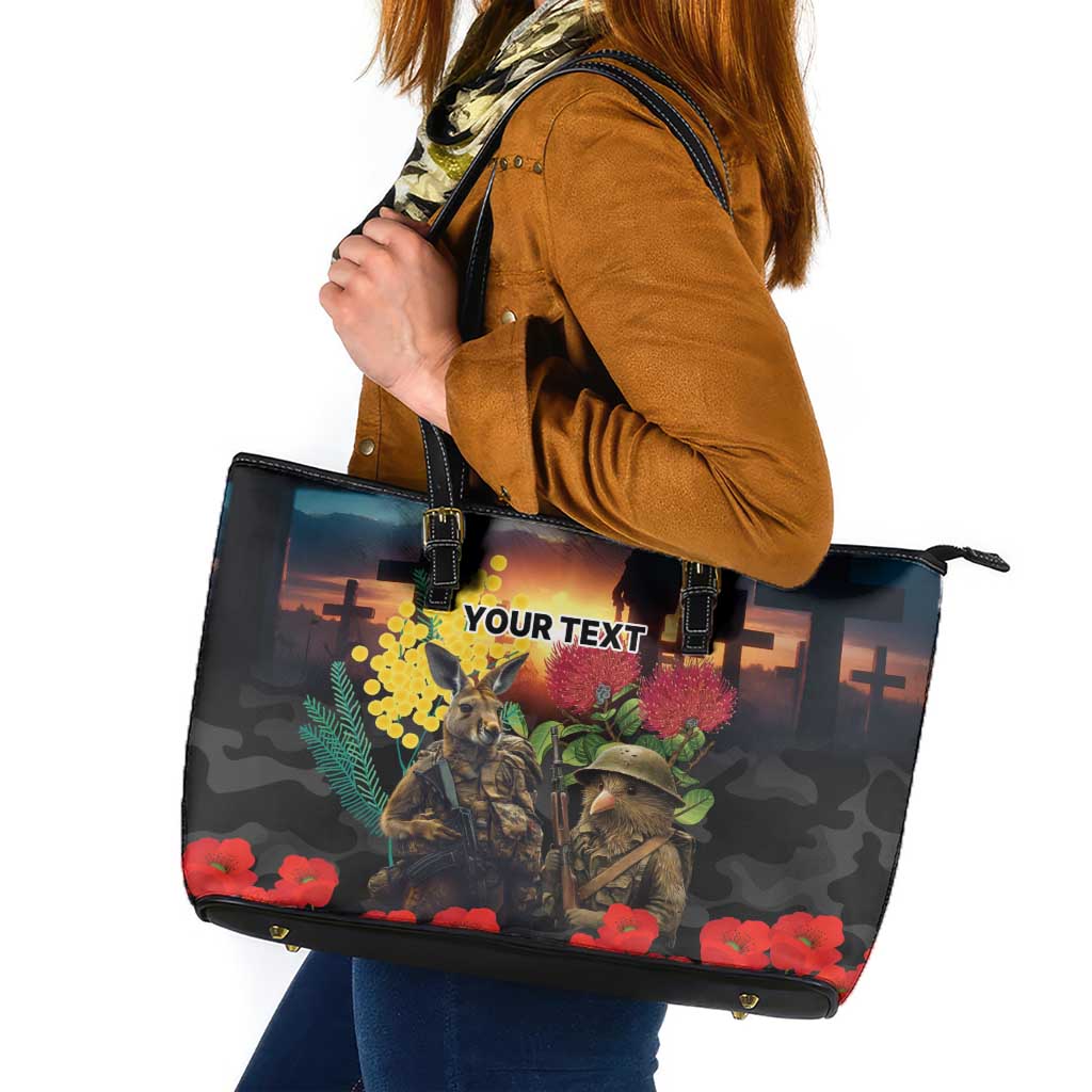 Kangaroo-Kiwi Soldier ANZAC Personalised Leather Tote Bag Golden Wattle and Pohutukawa Flowers LT9 Black - Polynesian Pride