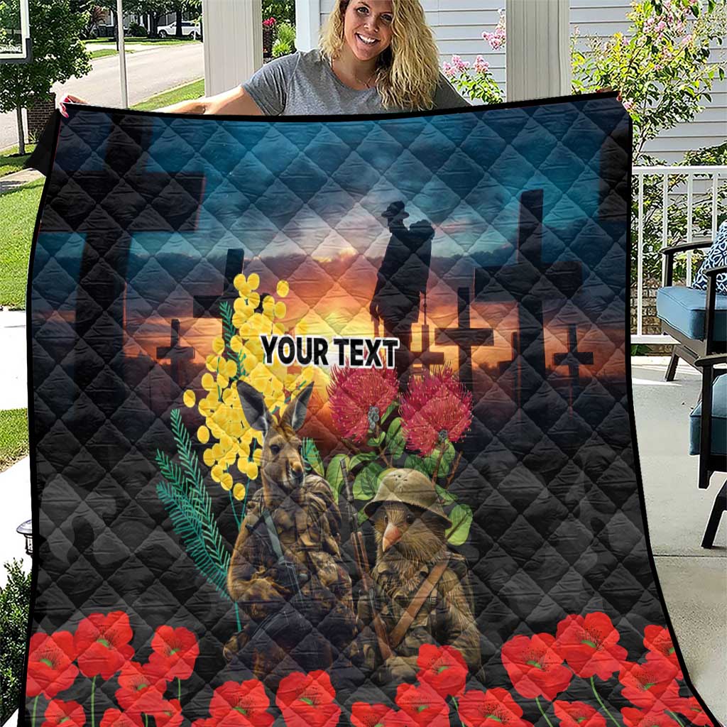 Kangaroo-Kiwi Soldier ANZAC Personalised Quilt Golden Wattle and Pohutukawa Flowers LT9 Black - Polynesian Pride