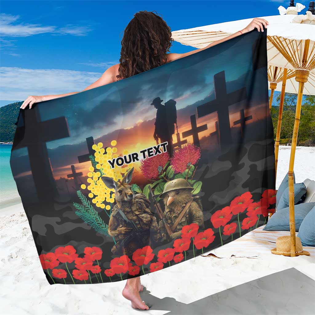 Kangaroo-Kiwi Soldier ANZAC Personalised Sarong Golden Wattle and Pohutukawa Flowers LT9 One Size 44 x 66 inches Black - Polynesian Pride