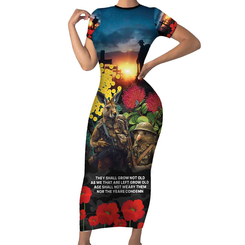 Kangaroo-Kiwi Soldier ANZAC Personalised Short Sleeve Bodycon Dress Golden Wattle and Pohutukawa Flowers