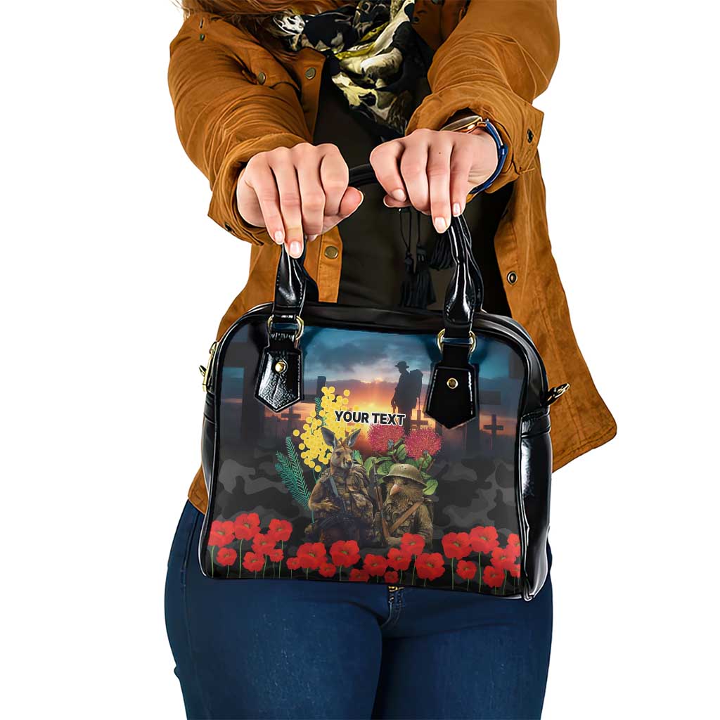 Kangaroo-Kiwi Soldier ANZAC Personalised Shoulder Handbag Golden Wattle and Pohutukawa Flowers LT9 One Size Black - Polynesian Pride
