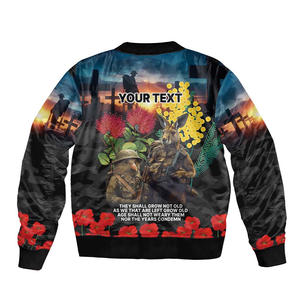 Kangaroo-Kiwi Soldier ANZAC Personalised Sleeve Zip Bomber Jacket Golden Wattle and Pohutukawa Flowers LT9 - Polynesian Pride