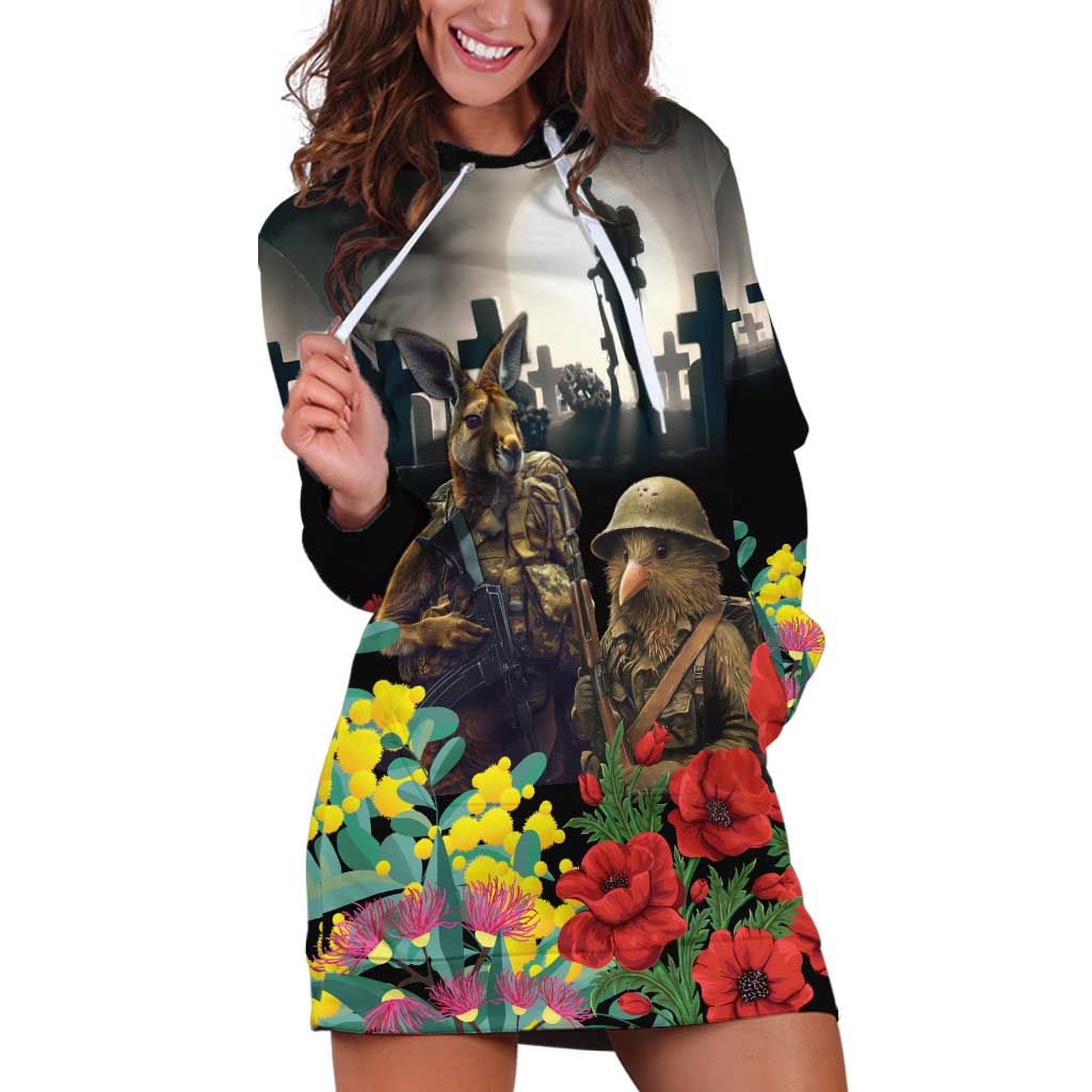 Kangaroo-Kiwi Soldier ANZAC Personalised Hoodie Dress Golden Wattle Poppy Flowers