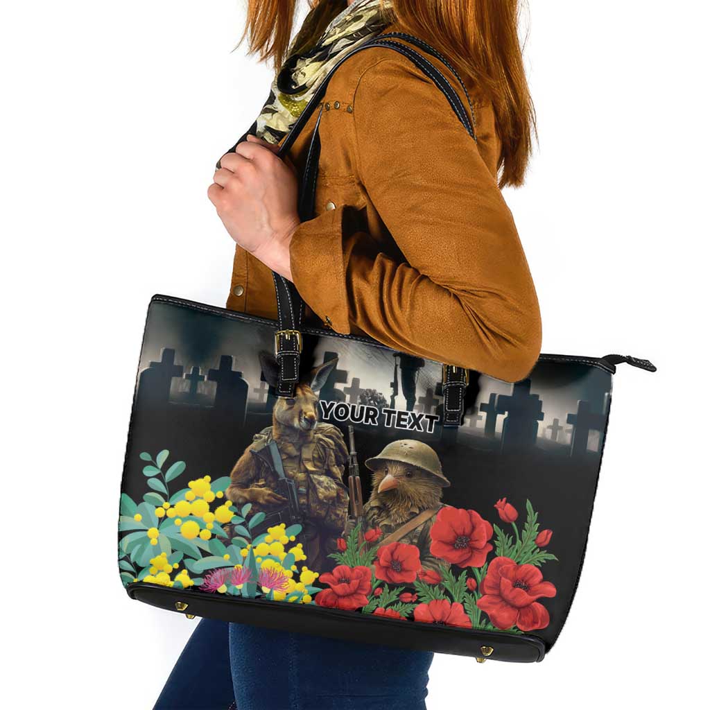 Kangaroo-Kiwi Soldier ANZAC Personalised Leather Tote Bag Golden Wattle Poppy Flowers LT9 Black - Polynesian Pride