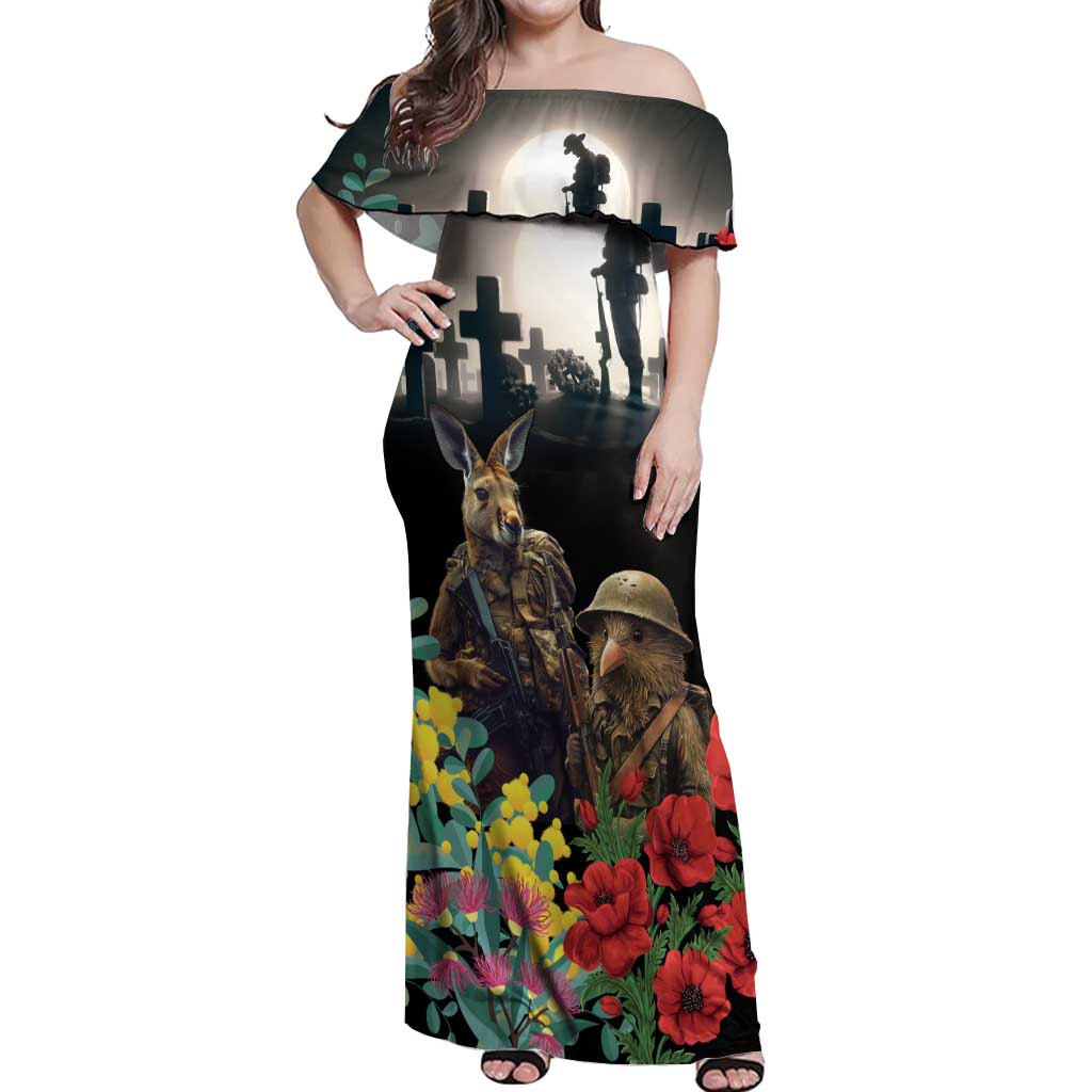 Kangaroo-Kiwi Soldier ANZAC Personalised Off Shoulder Maxi Dress Golden Wattle Poppy Flowers