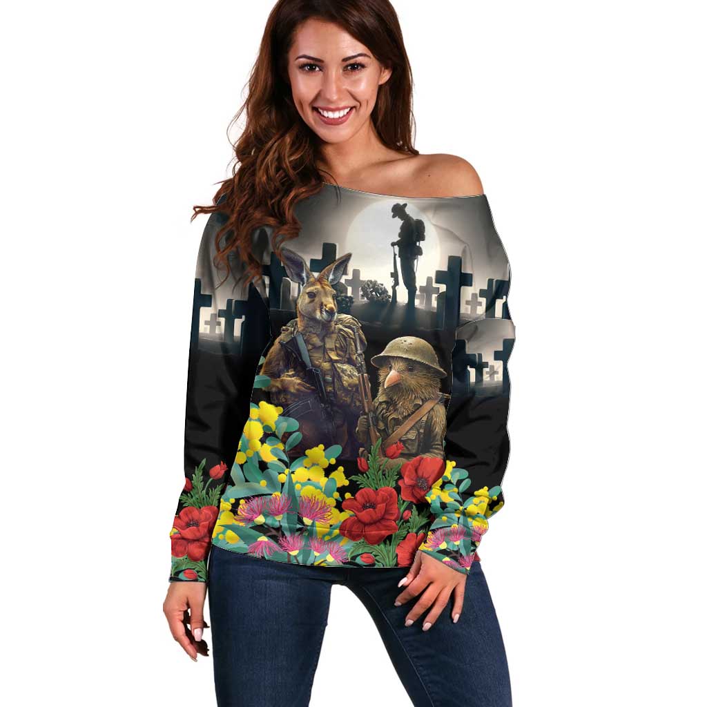 Kangaroo-Kiwi Soldier ANZAC Personalised Off Shoulder Sweater Golden Wattle Poppy Flowers