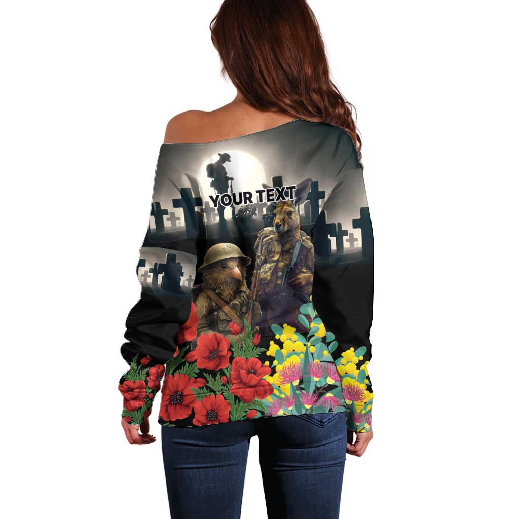 Kangaroo-Kiwi Soldier ANZAC Personalised Off Shoulder Sweater Golden Wattle Poppy Flowers LT9 - Polynesian Pride
