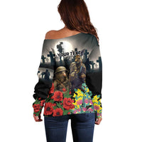 Kangaroo-Kiwi Soldier ANZAC Personalised Off Shoulder Sweater Golden Wattle Poppy Flowers LT9 - Polynesian Pride