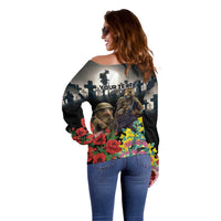 Kangaroo-Kiwi Soldier ANZAC Personalised Off Shoulder Sweater Golden Wattle Poppy Flowers LT9 - Polynesian Pride