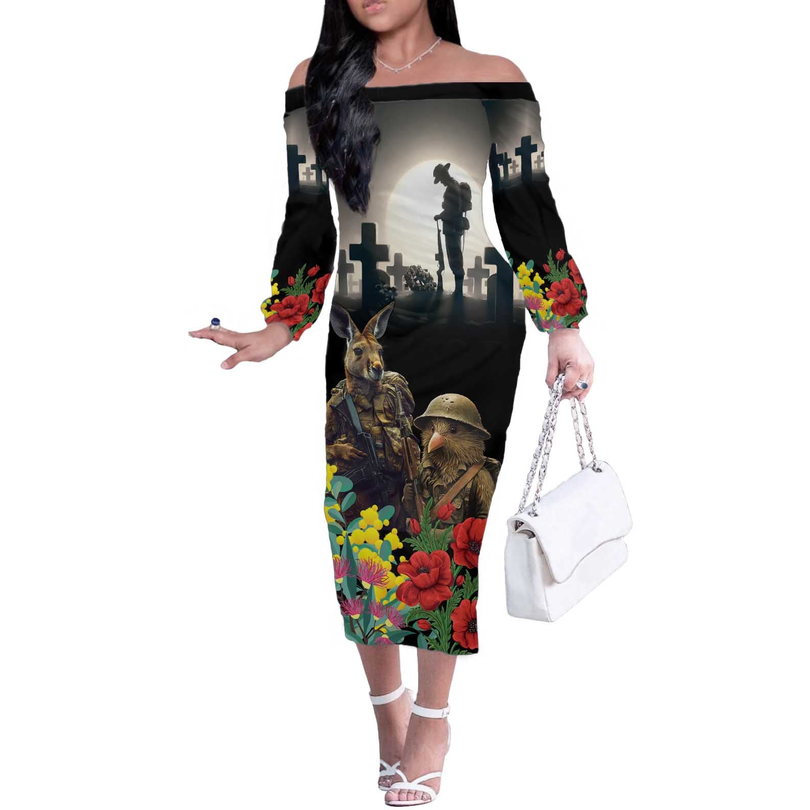 Kangaroo-Kiwi Soldier ANZAC Personalised Off The Shoulder Long Sleeve Dress Golden Wattle Poppy Flowers