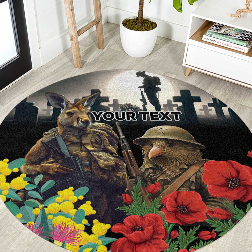 Kangaroo-Kiwi Soldier ANZAC Personalised Round Carpet Golden Wattle Poppy Flowers LT9 Black - Polynesian Pride