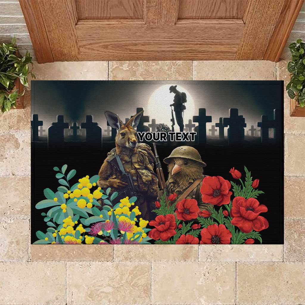Kangaroo-Kiwi Soldier ANZAC Personalised Rubber Doormat Golden Wattle Poppy Flowers LT9 Black - Polynesian Pride