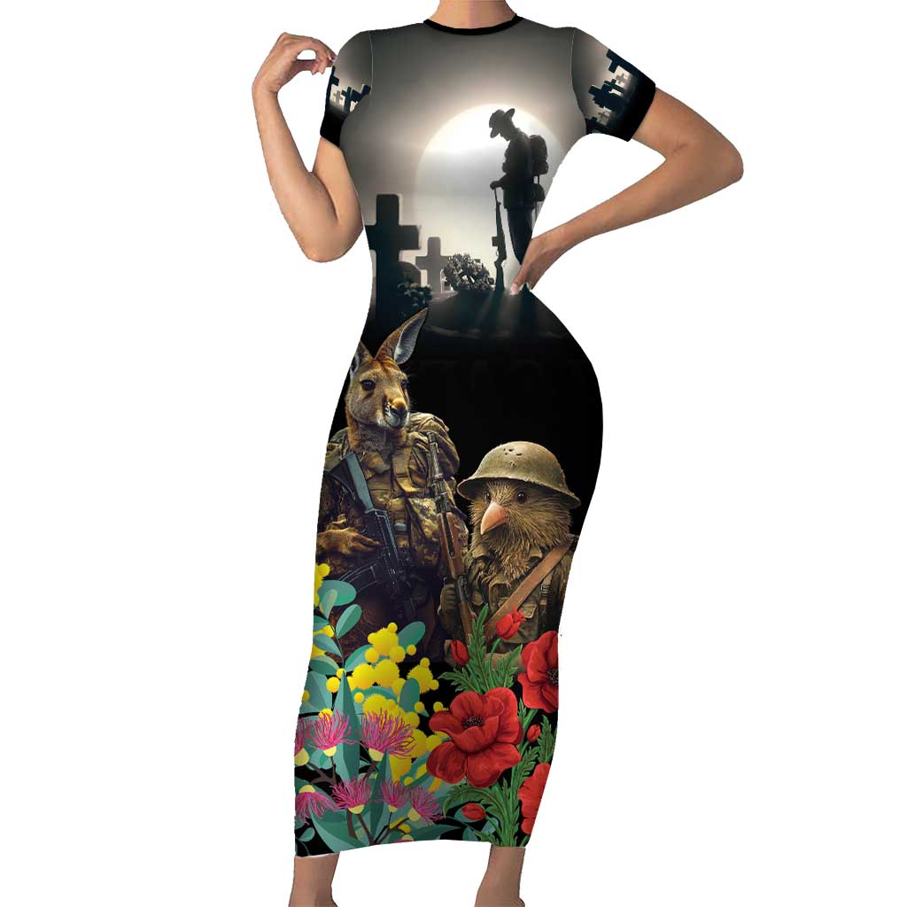 Kangaroo-Kiwi Soldier ANZAC Personalised Short Sleeve Bodycon Dress Golden Wattle Poppy Flowers